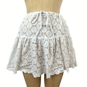 Dainty Mini Skirt White Eyelet Lace Ruffle Cover Up Sz M Drawstring Fairy Summer
